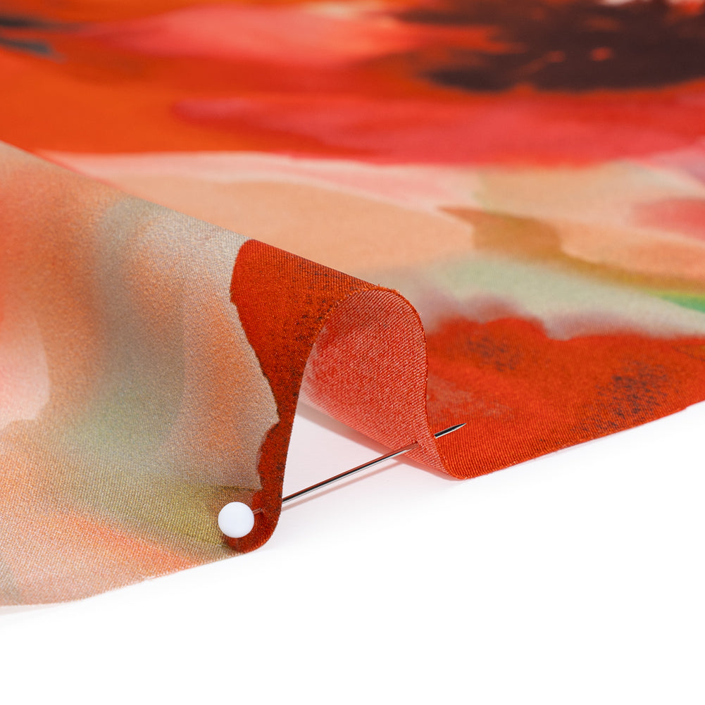 Silk Charmeuse Print 16MM, Made in Italy - Red and Pink Soft Watercolor Florals - Detail