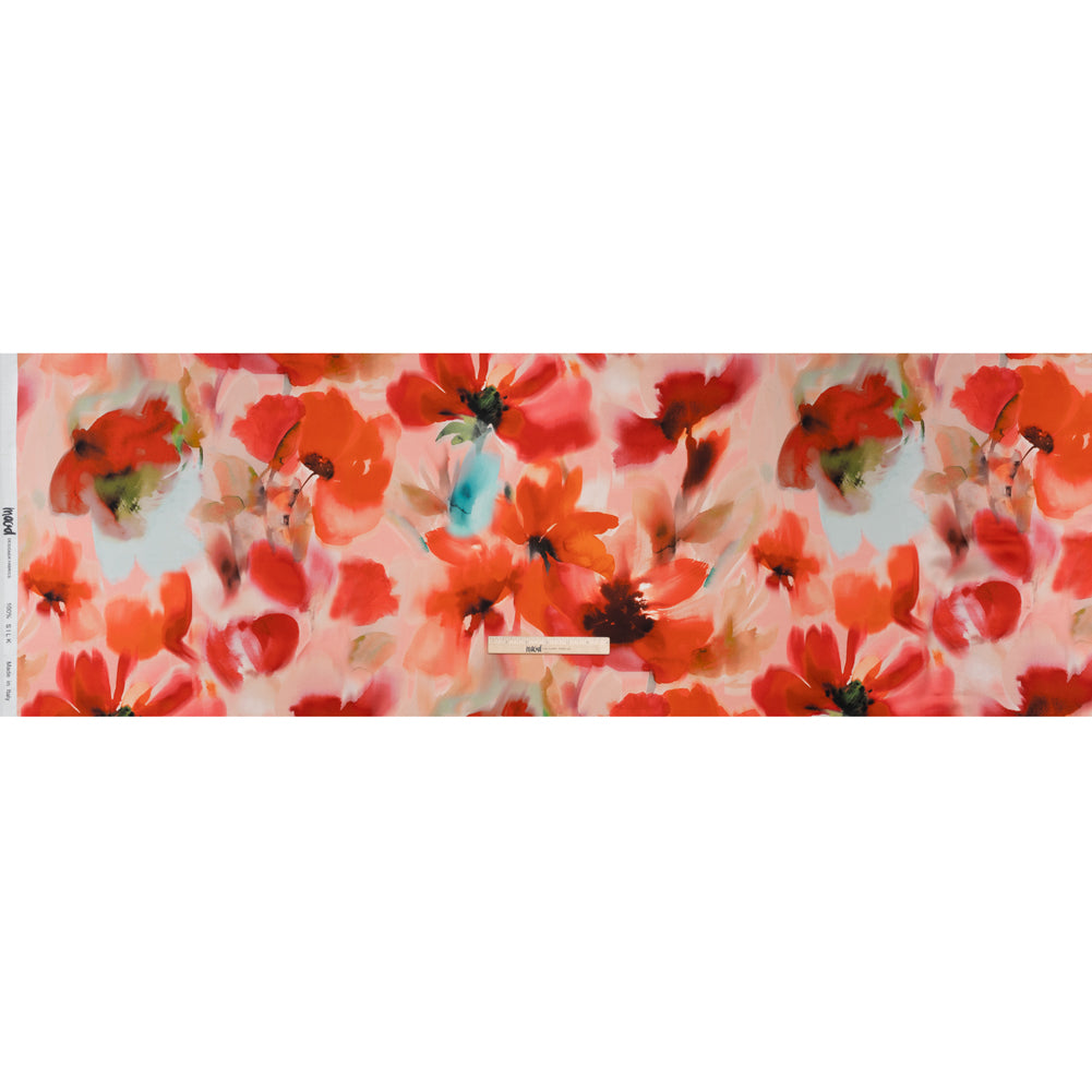 Silk Charmeuse Print 16MM, Made in Italy - Red and Pink Soft Watercolor Florals - Full