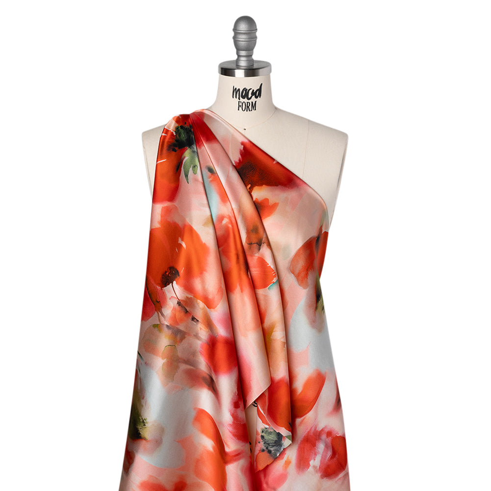 Silk Charmeuse Print 16MM, Made in Italy - Red and Pink Soft Watercolor Florals - Drape