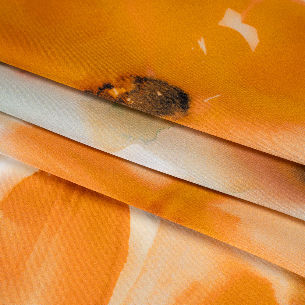 Silk Charmeuse Print 16MM, Made in Italy - Orange and Golden Yellow Soft Watercolor Florals