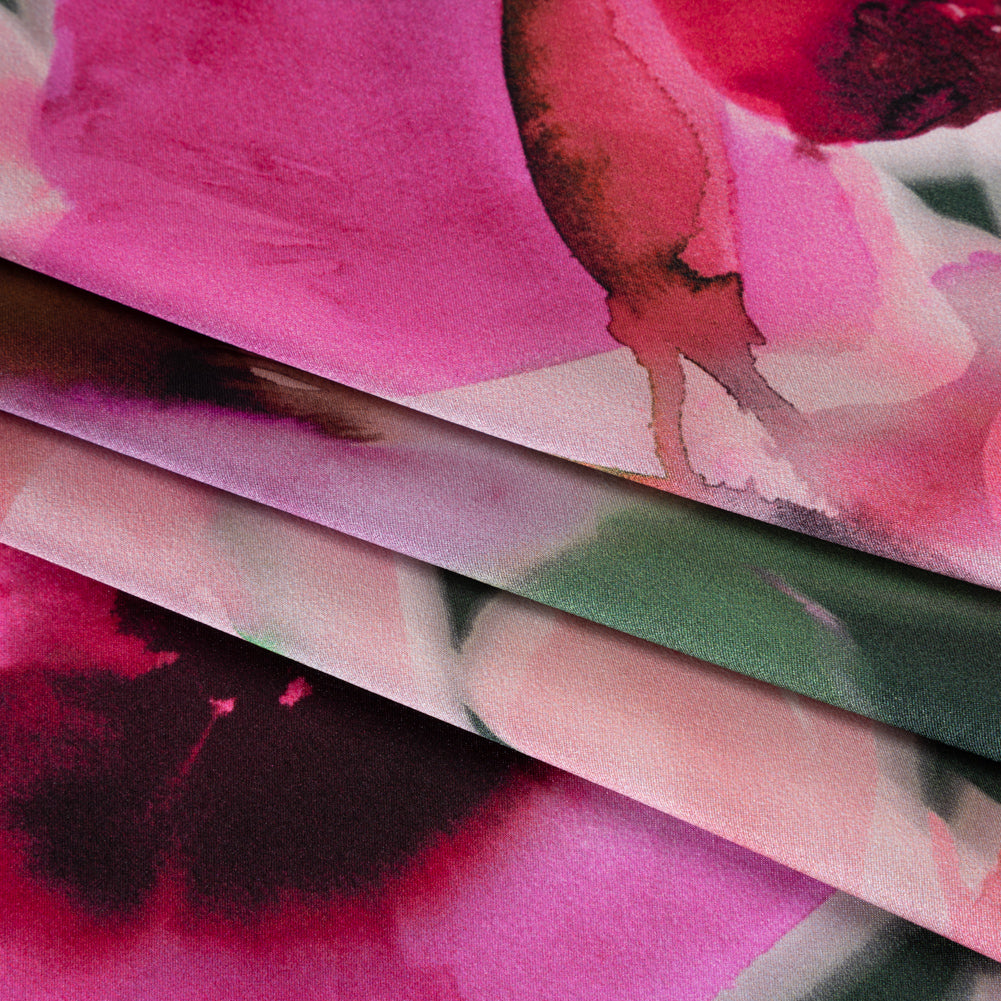 Silk Charmeuse Print 16MM, Made in Italy - Hot Pink and Forest Green Soft Watercolor Florals Folded