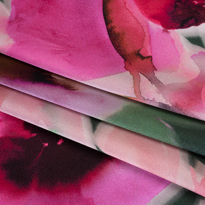 Silk Charmeuse Print 16MM, Made in Italy - Hot Pink and Forest Green Soft Watercolor Florals Folded