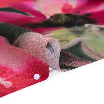 Silk Charmeuse Print 16MM, Made in Italy - Hot Pink and Forest Green Soft Watercolor Florals Detail