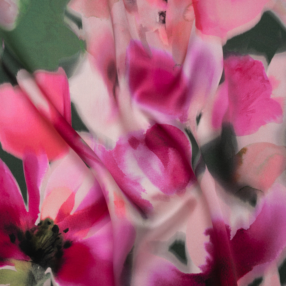 Silk Charmeuse Print 16MM, Made in Italy - Hot Pink and Forest Green Soft Watercolor Florals