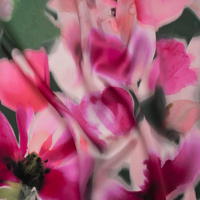 Silk Charmeuse Print 16MM, Made in Italy - Hot Pink and Forest Green Soft Watercolor Florals