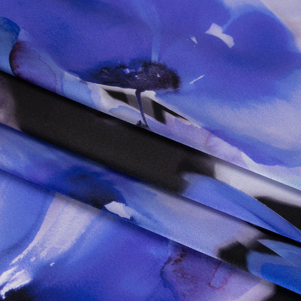 Silk Charmeuse Print 16MM, Made in Italy - Ultramarine Blue and Lilac Soft Watercolor Florals Folded