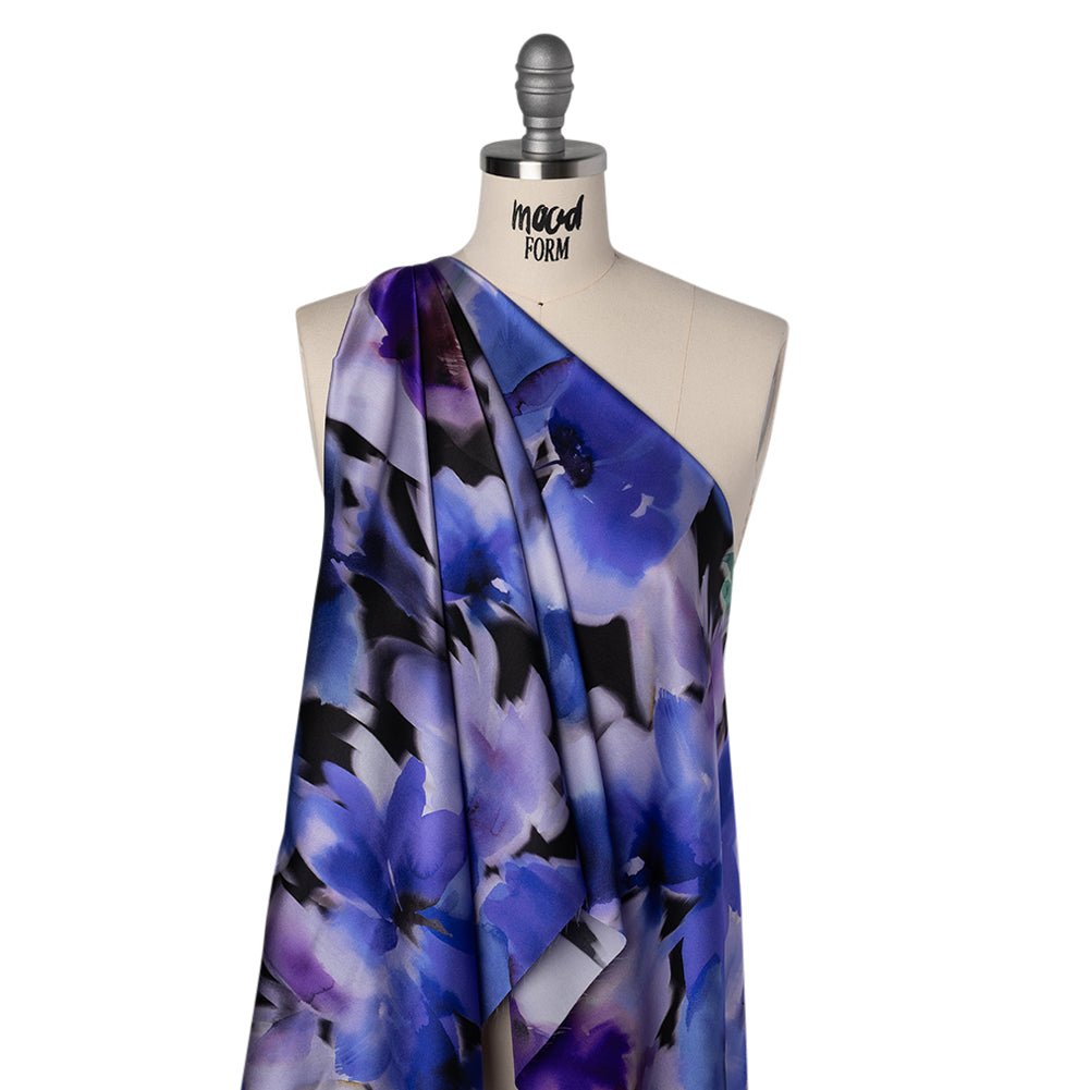 Silk Charmeuse Print 16MM, Made in Italy - Ultramarine Blue and Lilac Soft Watercolor Florals Drape