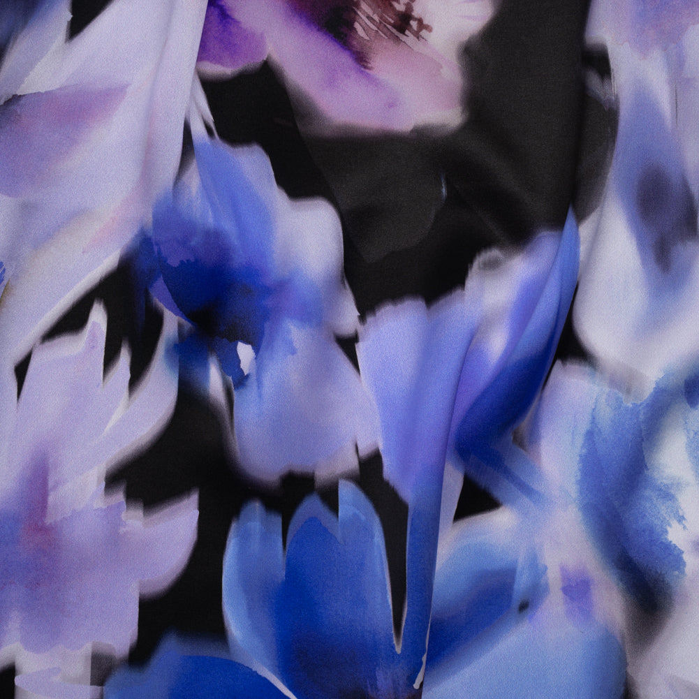 Silk Charmeuse Print 16MM, Made in Italy - Ultramarine Blue and Lilac Soft Watercolor Florals