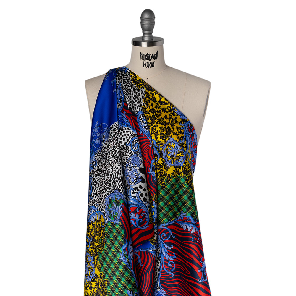 Silk Charmeuse Print 16MM, Made in Italy - Red, Yellow and Blue Floral Scrolls and Patterned Patchwork with Greek Key Border Folded