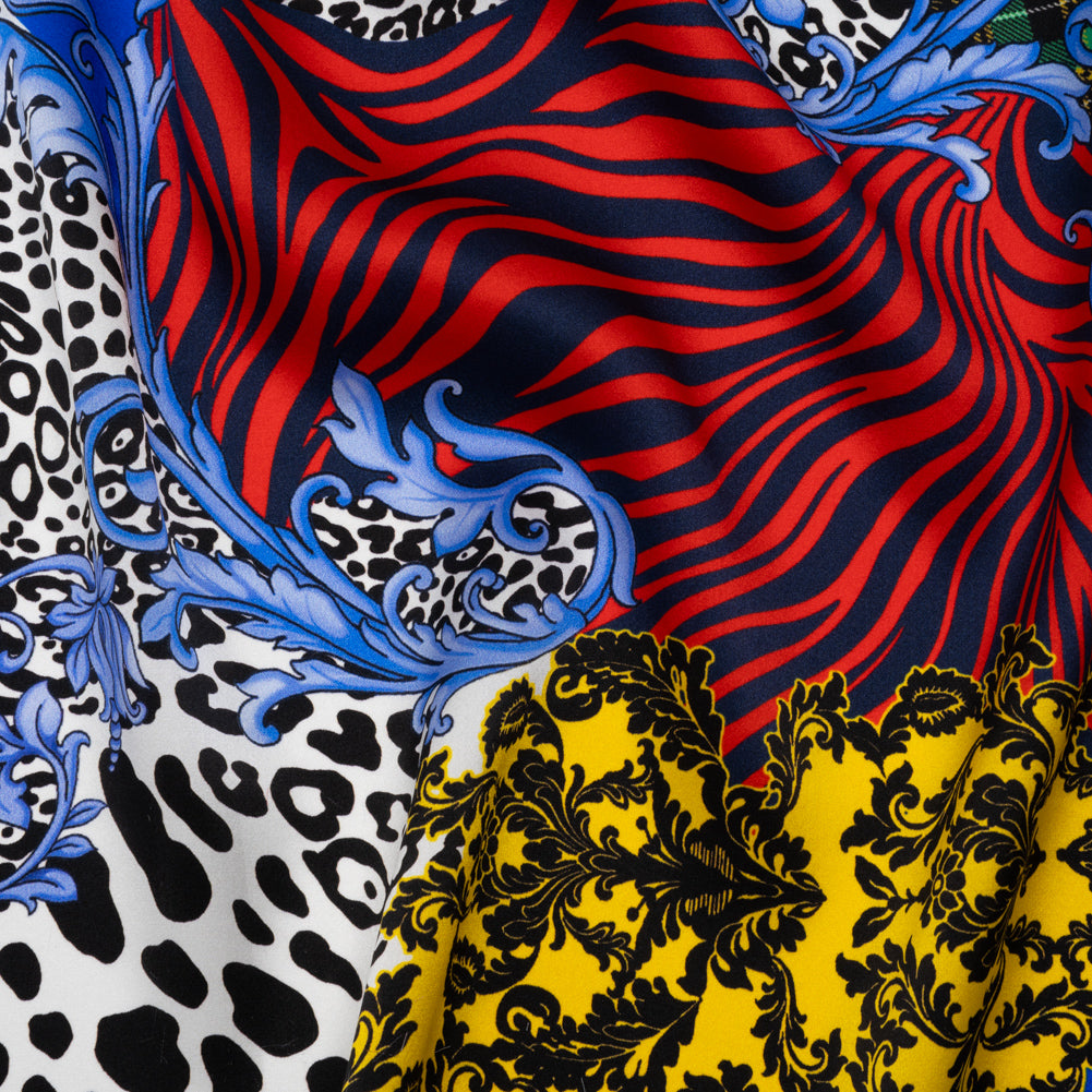 Silk Charmeuse Print 16MM, Made in Italy - Red, Yellow and Blue Floral Scrolls and Patterned Patchwork with Greek Key Border Drape
