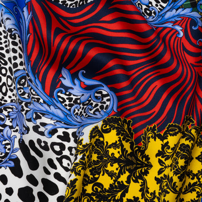 Silk Charmeuse Print 16MM, Made in Italy - Red, Yellow and Blue Floral Scrolls and Patterned Patchwork with Greek Key Border Drape