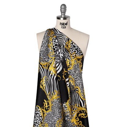 Silk Charmeuse Print 16MM, Made in Italy - Black, White and Yellow Gold Floral Scrolls and Patterned Patchwork with Greek Key Border