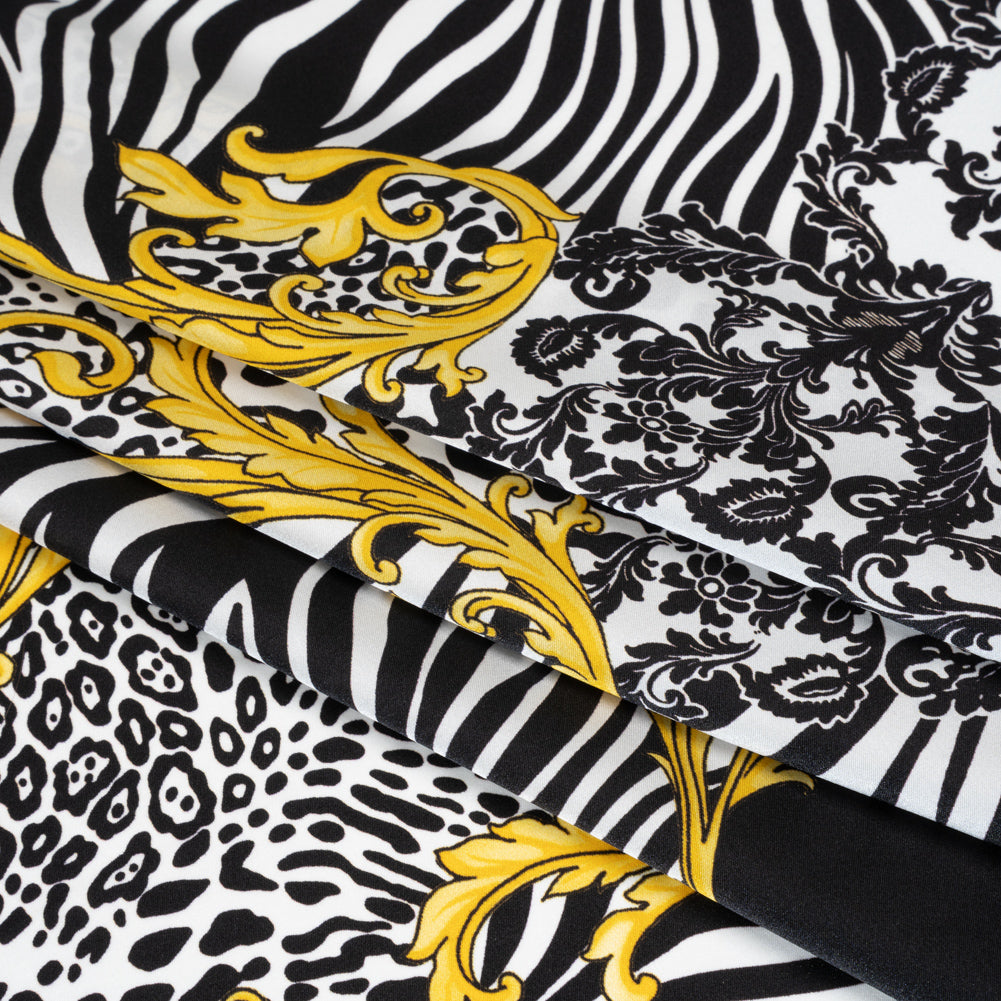 Silk Charmeuse Print 16MM, Made in Italy - Black, White and Yellow Gold Floral Scrolls and Patterned Patchwork with Greek Key Border - Detail