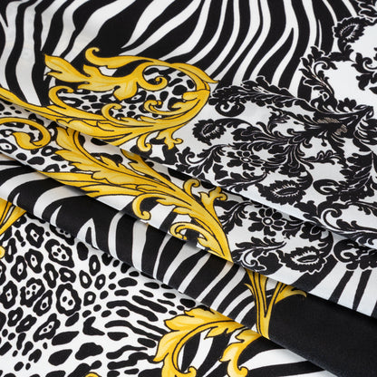 Silk Charmeuse Print 16MM, Made in Italy - Black, White and Yellow Gold Floral Scrolls and Patterned Patchwork with Greek Key Border