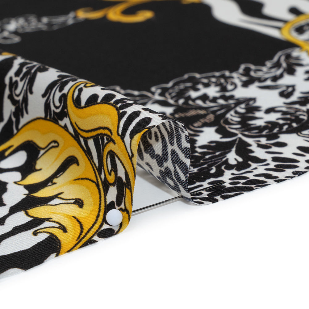 Silk Charmeuse Print 16MM, Made in Italy - Black, White and Yellow Gold Floral Scrolls and Patterned Patchwork with Greek Key Border - Full