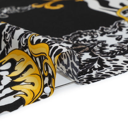 Silk Charmeuse Print 16MM, Made in Italy - Black, White and Yellow Gold Floral Scrolls and Patterned Patchwork with Greek Key Border