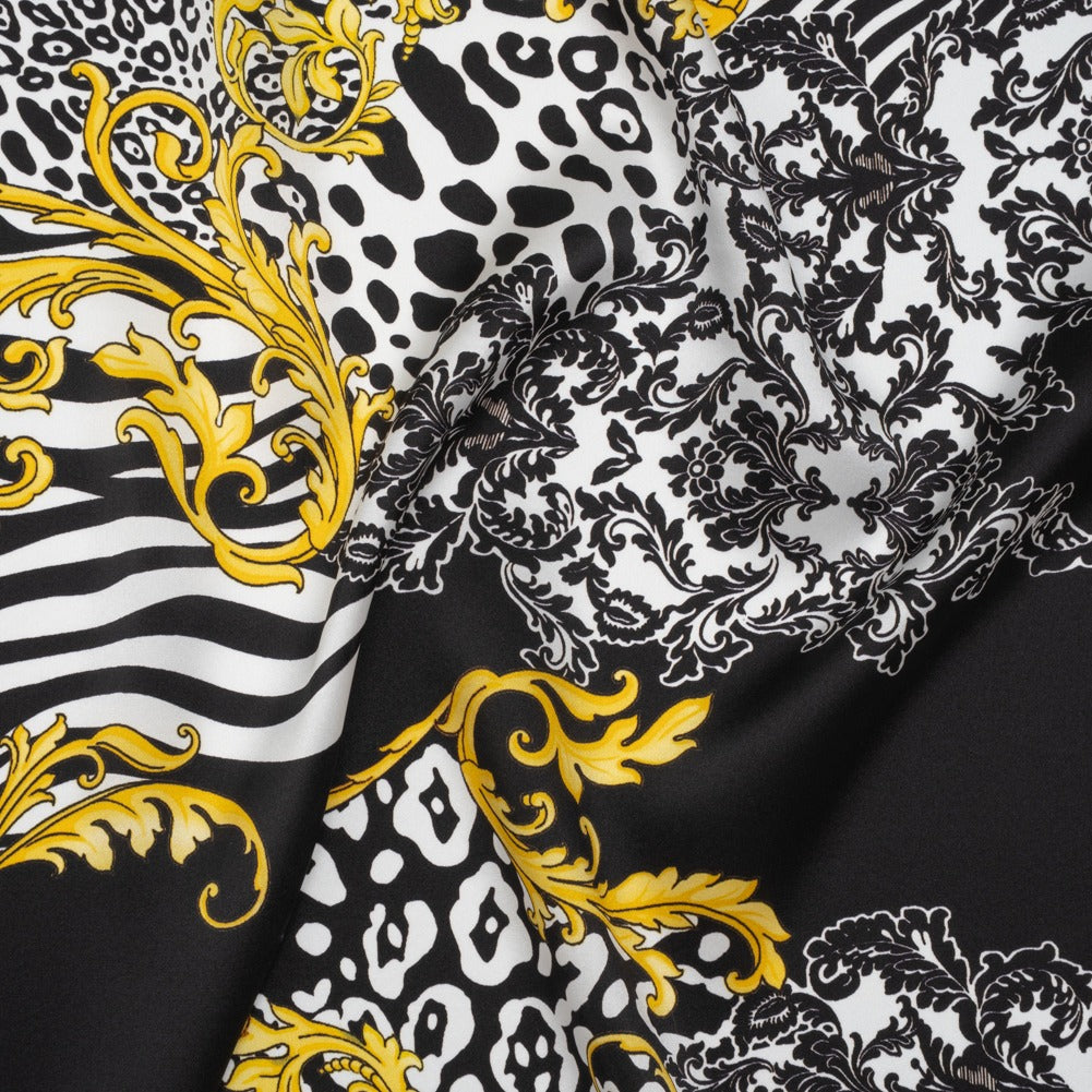 Silk Charmeuse Print 16MM, Made in Italy - Black, White and Yellow Gold Floral Scrolls and Patterned Patchwork with Greek Key Border - Drape