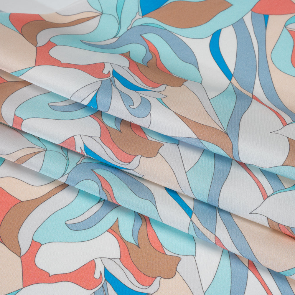 Silk Charmeuse Print 16MM, Made in Italy - Aqua Blue, Tan and Coral Pink Retro Lily Florals - Folded