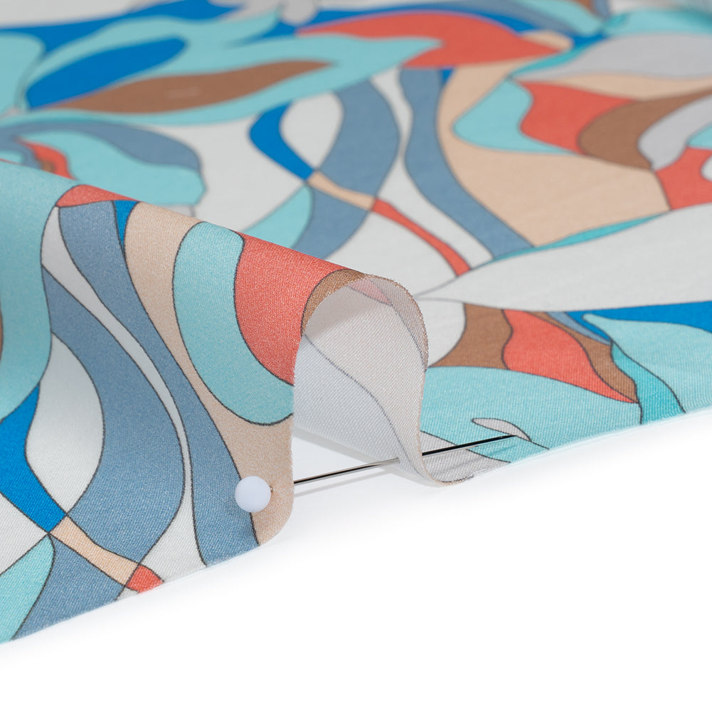 Silk Charmeuse Print 16MM, Made in Italy - Aqua Blue, Tan and Coral Pink Retro Lily Florals - Detail