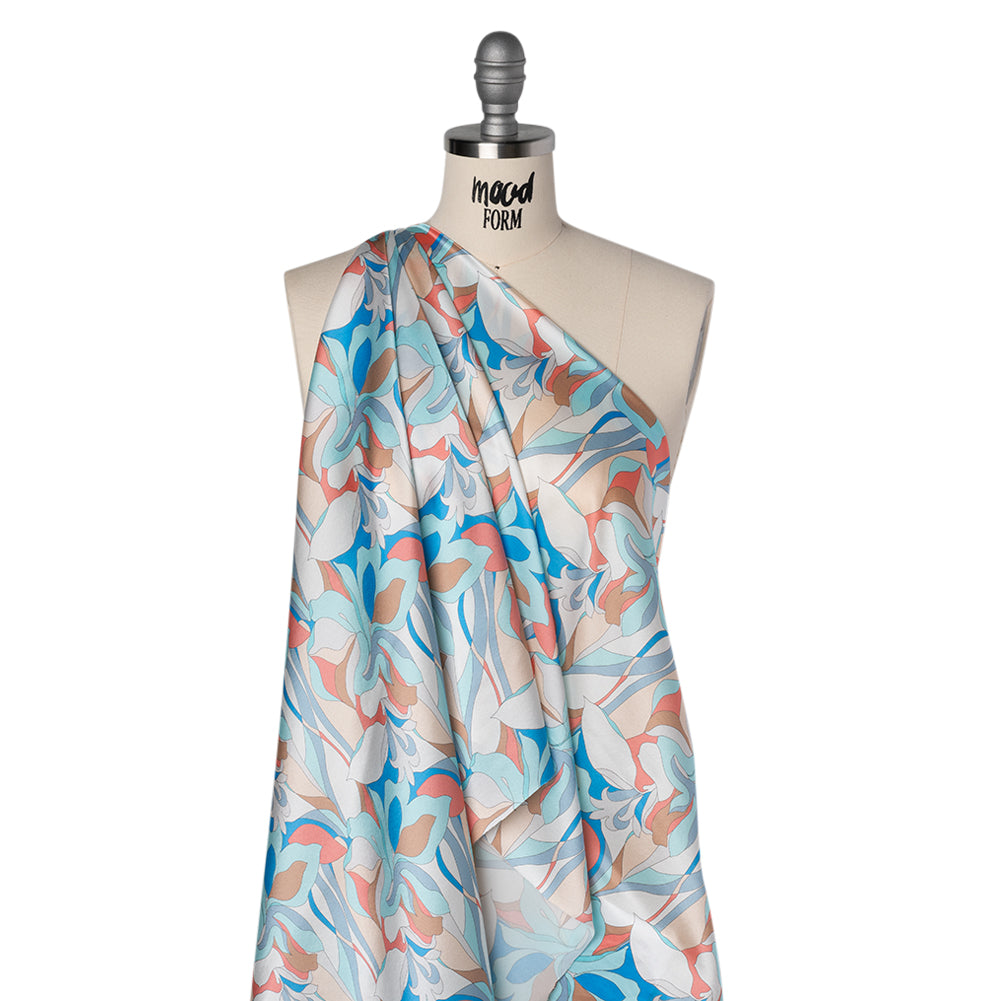 Silk Charmeuse Print 16MM, Made in Italy - Aqua Blue, Tan and Coral Pink Retro Lily Florals - Drape