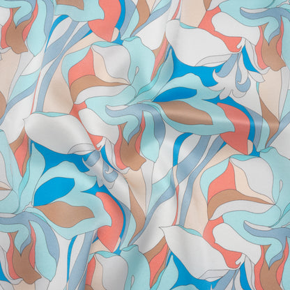 Silk Charmeuse Print 16MM, Made in Italy - Aqua Blue, Tan and Coral Pink Retro Lily Florals