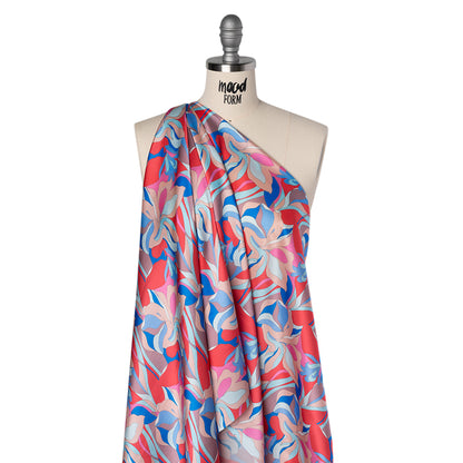 Silk Charmeuse Print 16MM, Made in Italy - Peach, Cobalt Blue and Red Retro Lily Florals Folded