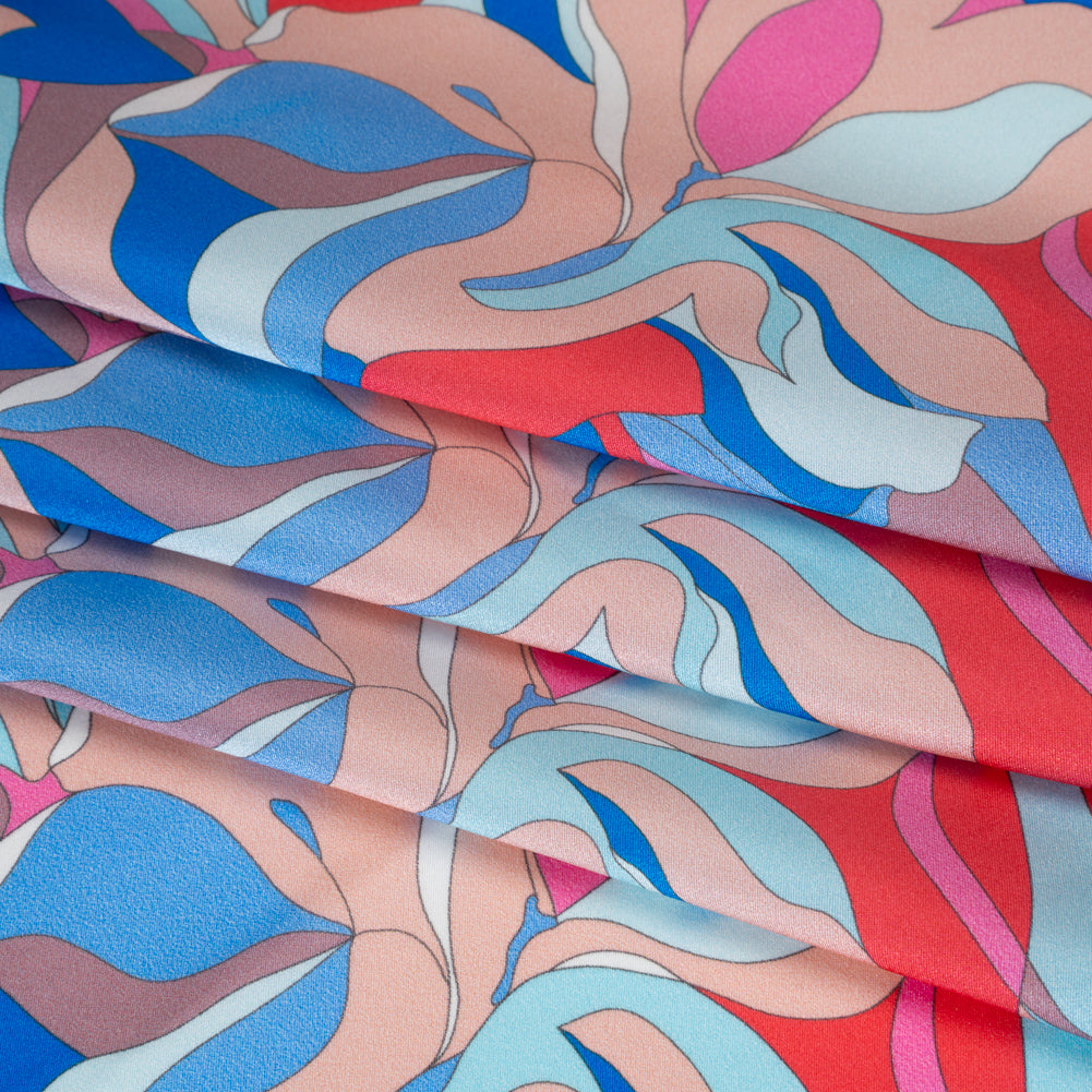 Silk Charmeuse Print 16MM, Made in Italy - Peach, Cobalt Blue and Red Retro Lily Florals Detail