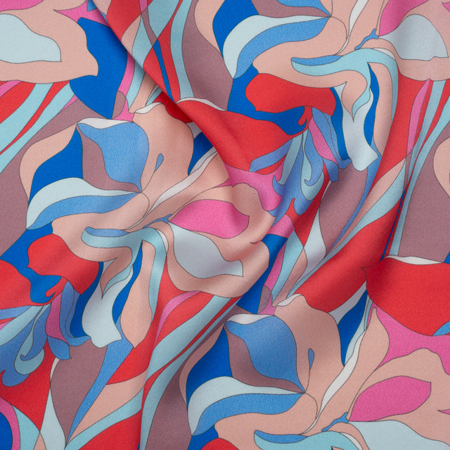 Silk Charmeuse Print 16MM, Made in Italy - Peach, Cobalt Blue and Red Retro Lily Florals Drape