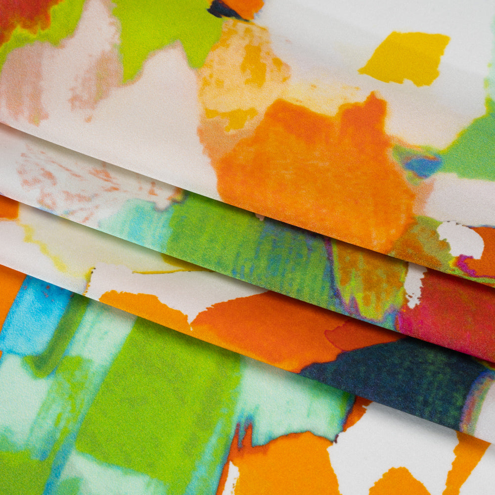 Silk Charmeuse Print 16MM, Made in Italy - Orange, Lime Green and Blue Painterly Abstract - Detail