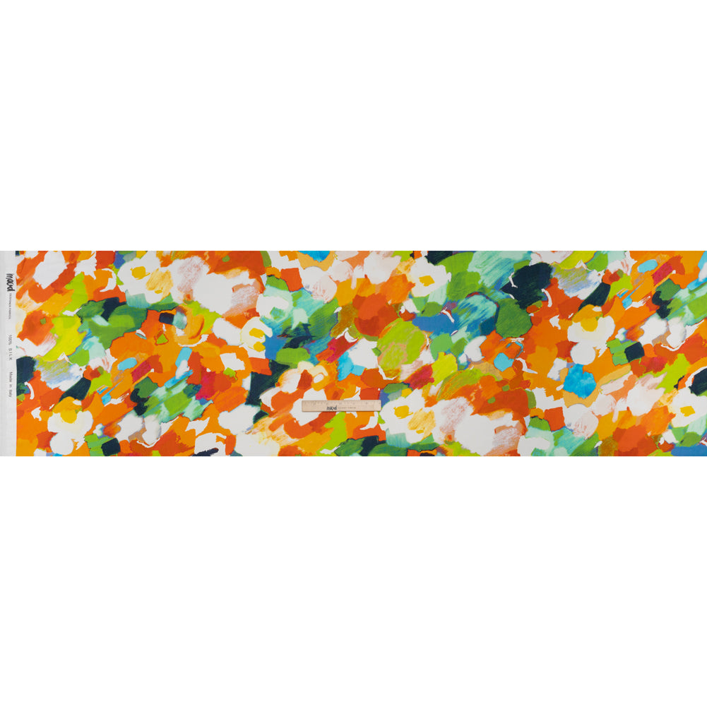 Silk Charmeuse Print 16MM, Made in Italy - Orange, Lime Green and Blue Painterly Abstract - Full - Image 5 of 6