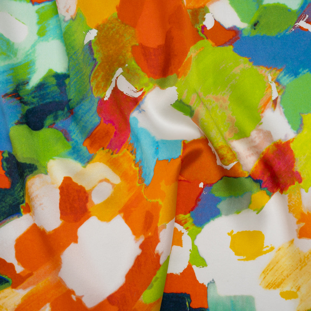 Silk Charmeuse Print 16MM, Made in Italy - Orange, Lime Green and Blue Painterly Abstract - Drape