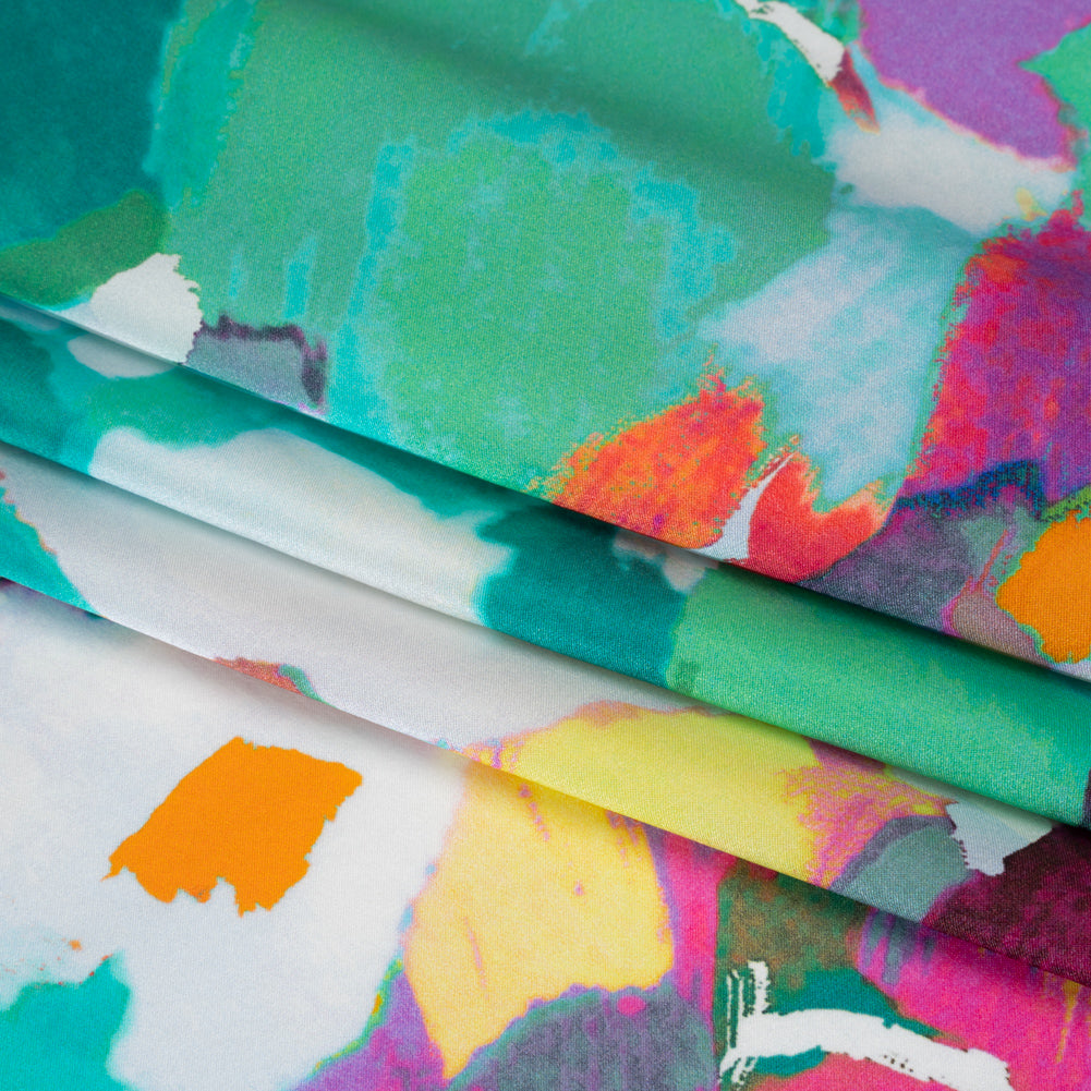 Silk Charmeuse Print 16MM, Made in Italy - Sea Green, Fuchsia and Yellow Painterly Abstract - Folded