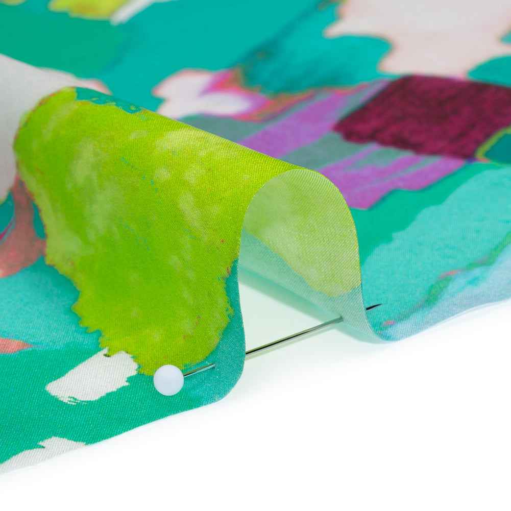 Silk Charmeuse Print 16MM, Made in Italy - Sea Green, Fuchsia and Yellow Painterly Abstract - Detail