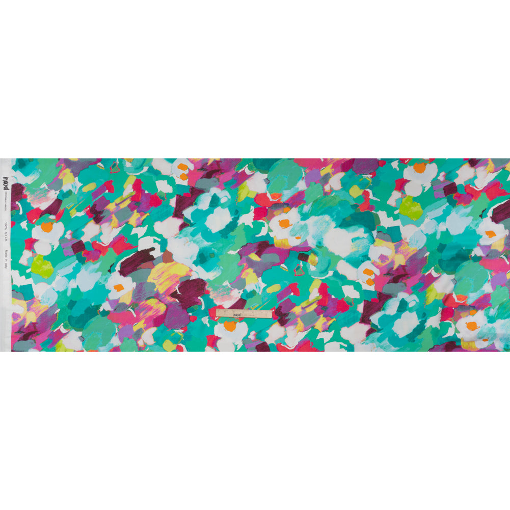 Silk Charmeuse Print 16MM, Made in Italy - Sea Green, Fuchsia and Yellow Painterly Abstract - Full