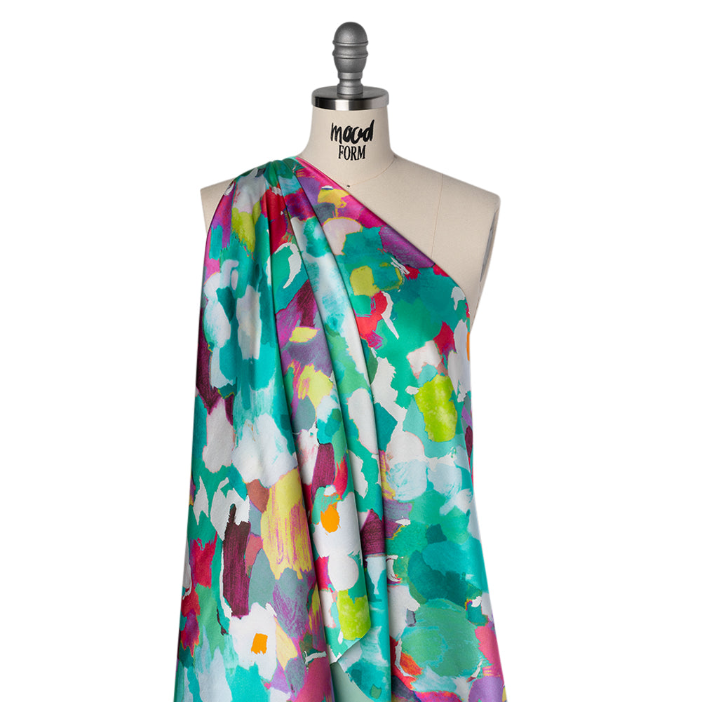 Silk Charmeuse Print 16MM, Made in Italy - Sea Green, Fuchsia and Yellow Painterly Abstract - Drape