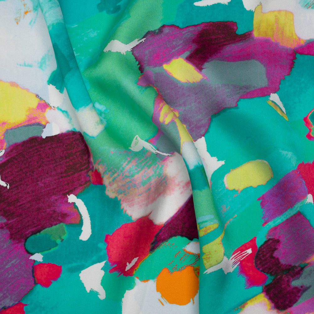 Silk Charmeuse Print 16MM, Made in Italy - Sea Green, Fuchsia and Yellow Painterly Abstract