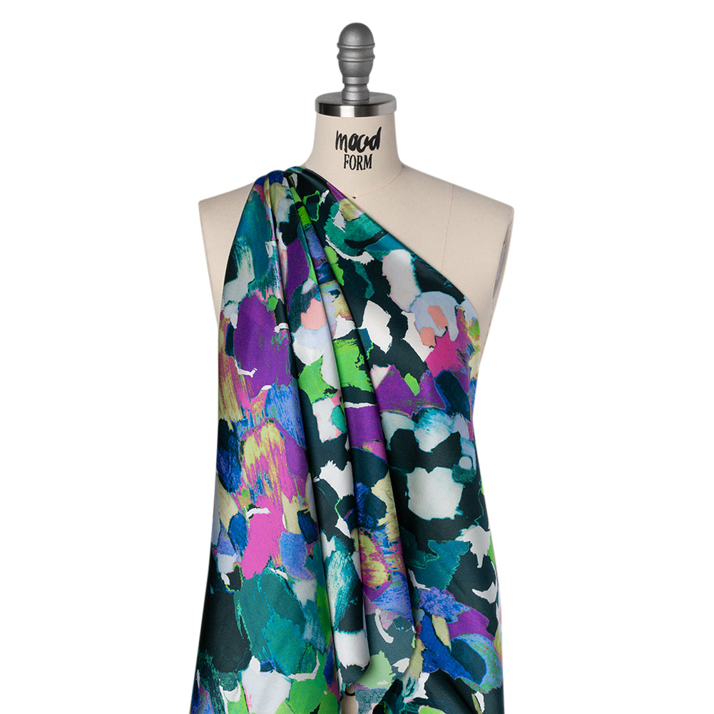 Silk Charmeuse Print 16MM, Made in Italy - Dark Teal, Lime Green and Purple Painterly Abstract Folded