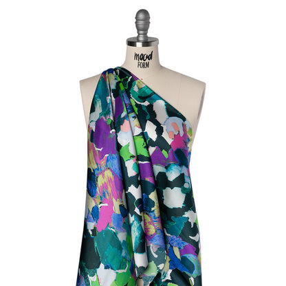 Silk Charmeuse Print 16MM, Made in Italy - Dark Teal, Lime Green and Purple Painterly Abstract Folded