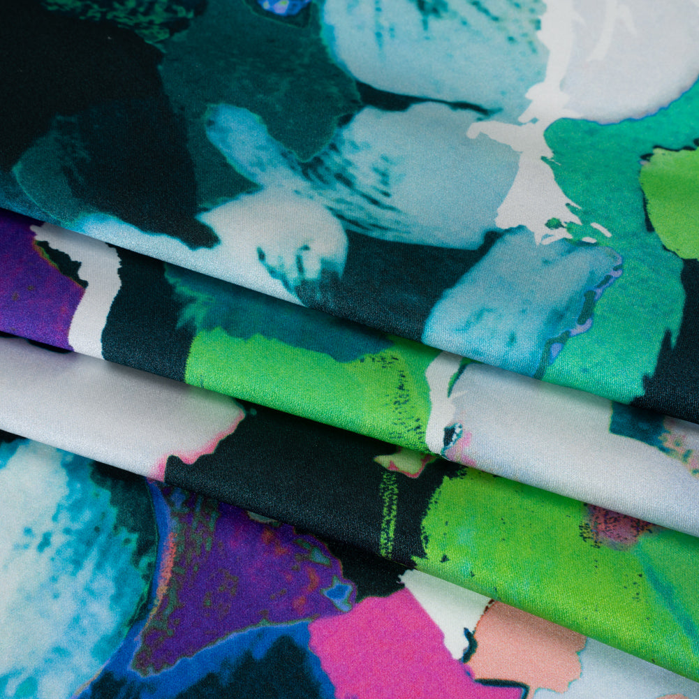 Silk Charmeuse Print 16MM, Made in Italy - Dark Teal, Lime Green and Purple Painterly Abstract Detail