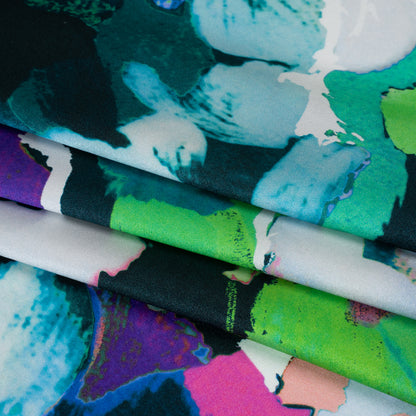 Silk Charmeuse Print 16MM, Made in Italy - Dark Teal, Lime Green and Purple Painterly Abstract Detail
