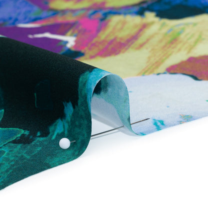 Silk Charmeuse Print 16MM, Made in Italy - Dark Teal, Lime Green and Purple Painterly Abstract Full