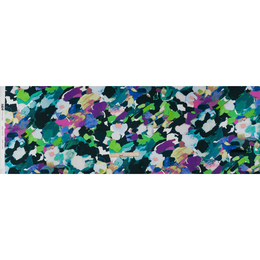 Silk Charmeuse Print 16MM, Made in Italy - Dark Teal, Lime Green and Purple Painterly Abstract - Full - Image 5 of 6