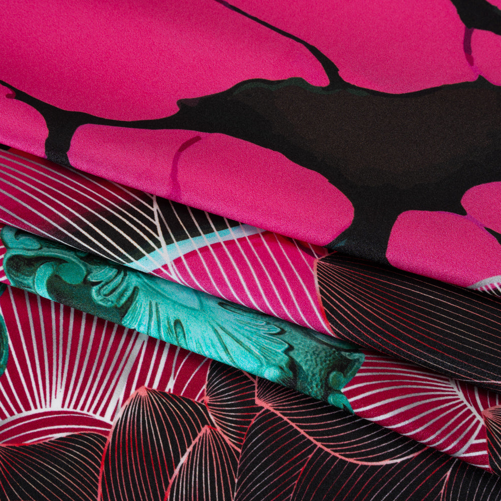 Silk Charmeuse Panel 16MM, Made in Italy - Dark Berry Pink, Coppy Oxide Green and Black Linework Flowers and Gemstones Detail