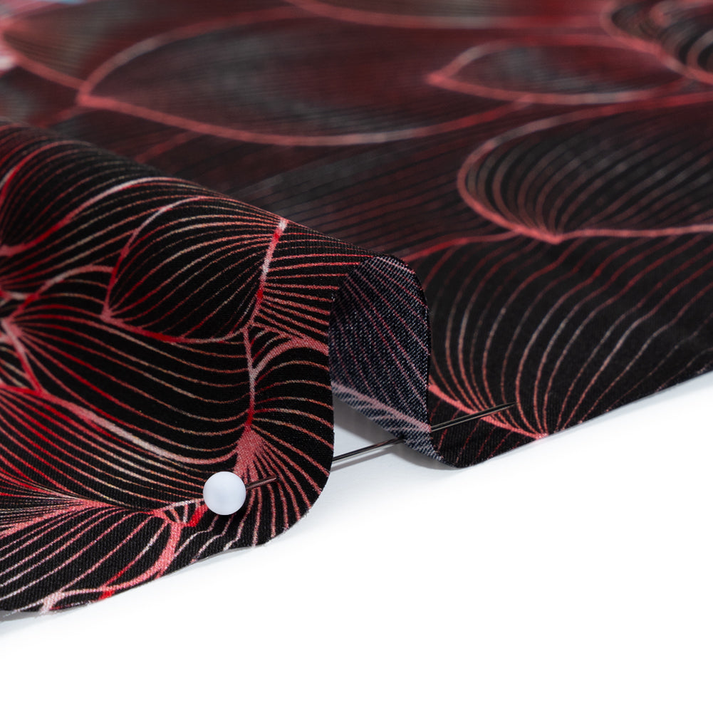Silk Charmeuse Panel 16MM, Made in Italy - Dark Berry Pink, Coppy Oxide Green and Black Linework Flowers and Gemstones Full
