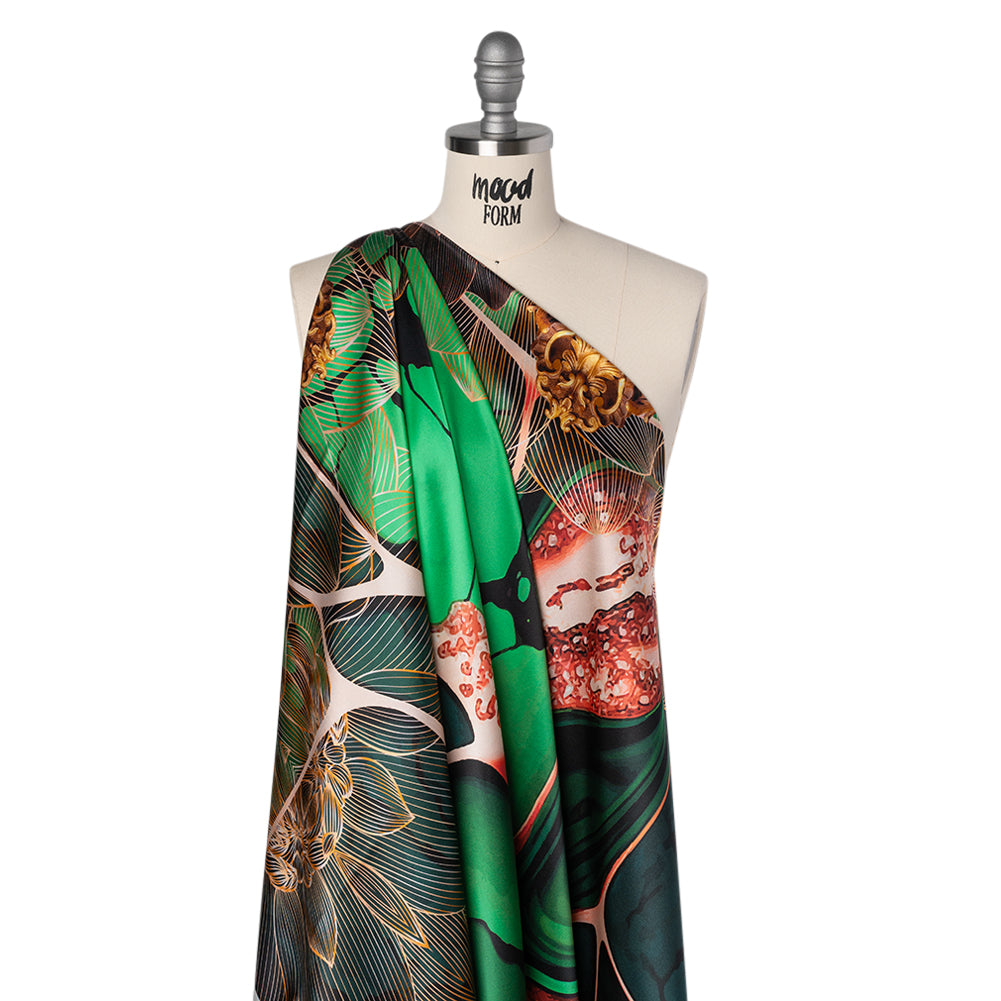 Silk Charmeuse Panel 16MM, Made in Italy - Orange, Dark Green and Black Linework Flowers and Gemstones