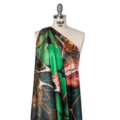 Silk Charmeuse Panel 16MM, Made in Italy - Orange, Dark Green and Black Linework Flowers and Gemstones