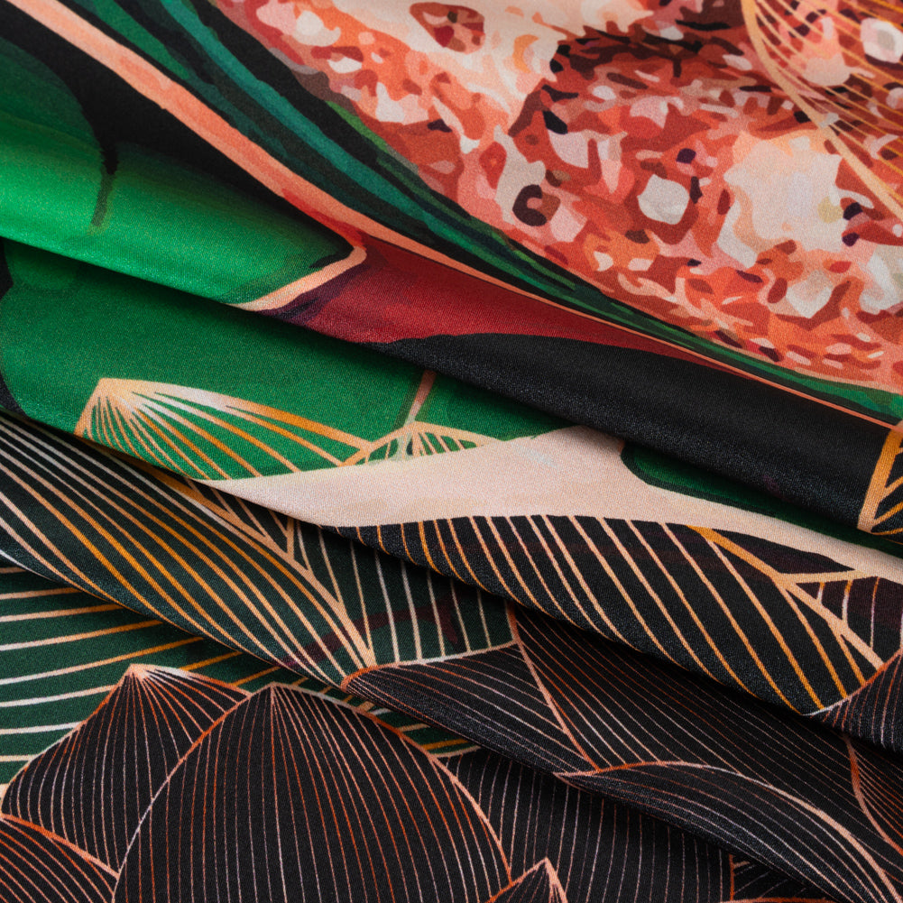Silk Charmeuse Panel 16MM, Made in Italy - Orange, Dark Green and Black Linework Flowers and Gemstones