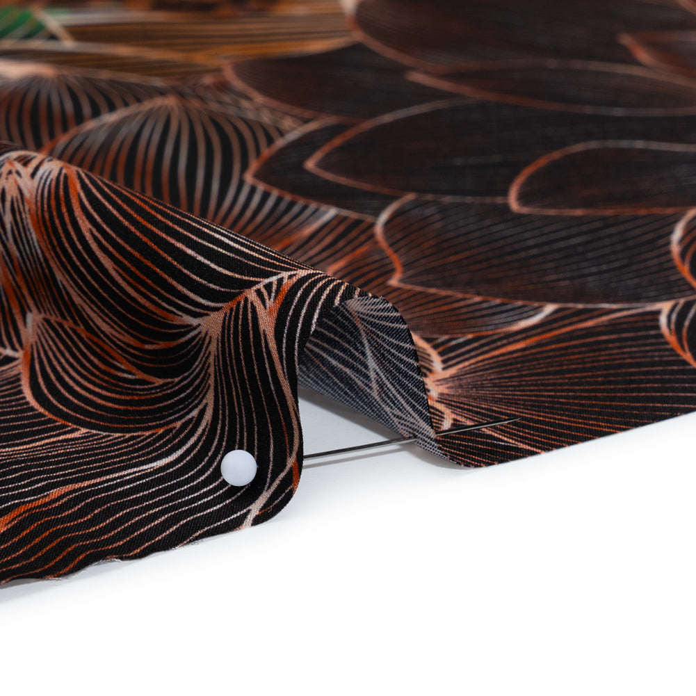 Silk Charmeuse Panel 16MM, Made in Italy - Orange, Dark Green and Black Linework Flowers and Gemstones