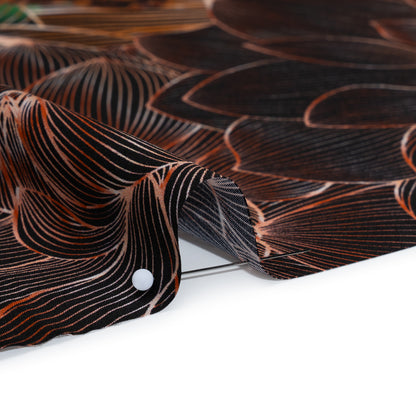 Silk Charmeuse Panel 16MM, Made in Italy - Orange, Dark Green and Black Linework Flowers and Gemstones