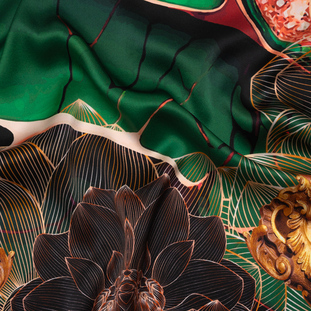 Silk Charmeuse Panel 16MM, Made in Italy - Orange, Dark Green and Black Linework Flowers and Gemstones